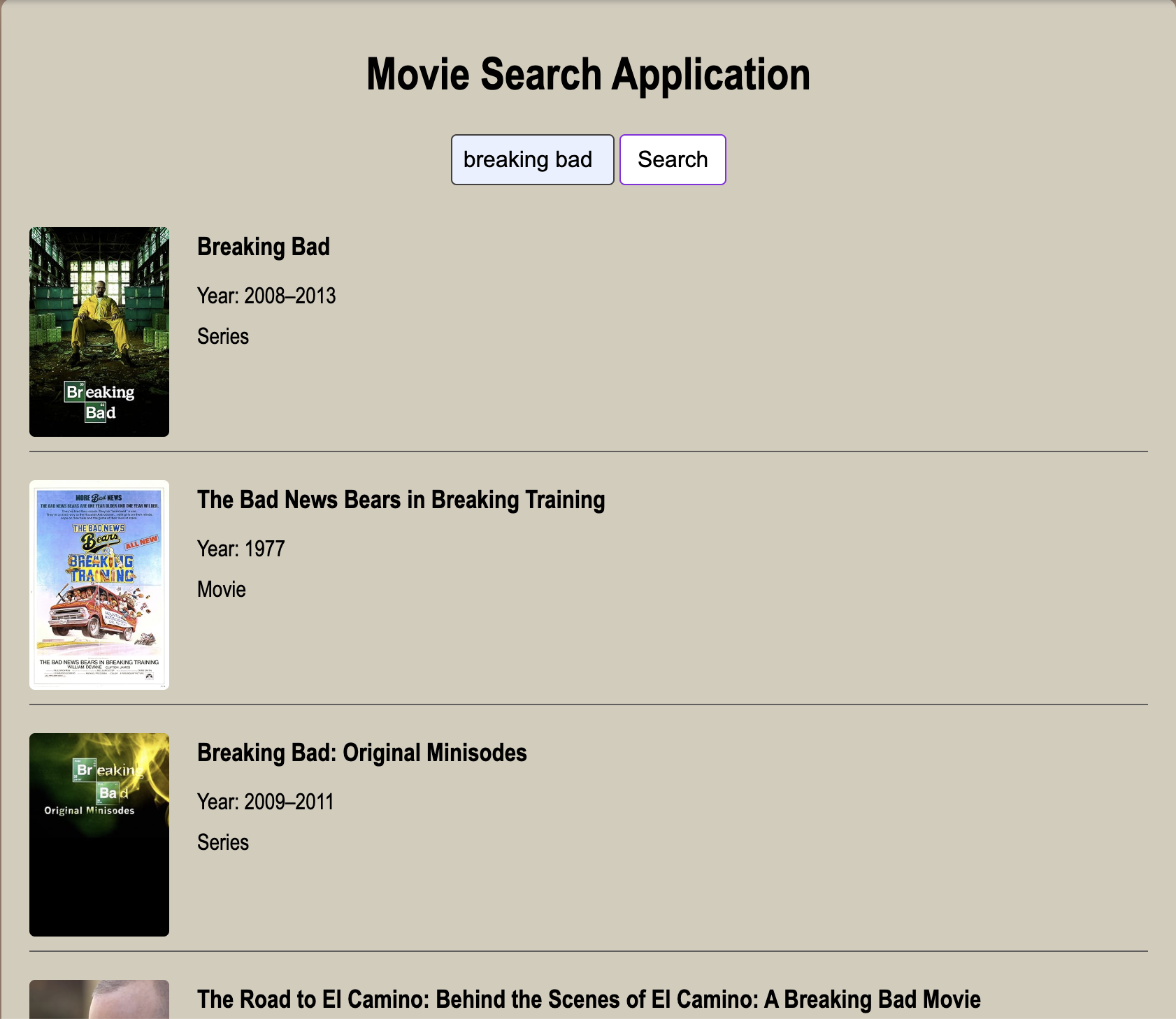 Movie Search Application - Breaking Bad search results
